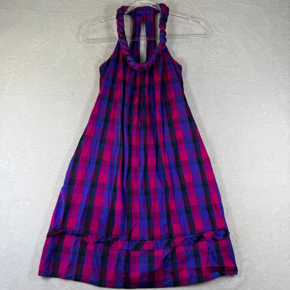 Calypso St‎ Barth Silk Halter Dress XS Pink Purple Plaid Braided Straps Pockets
